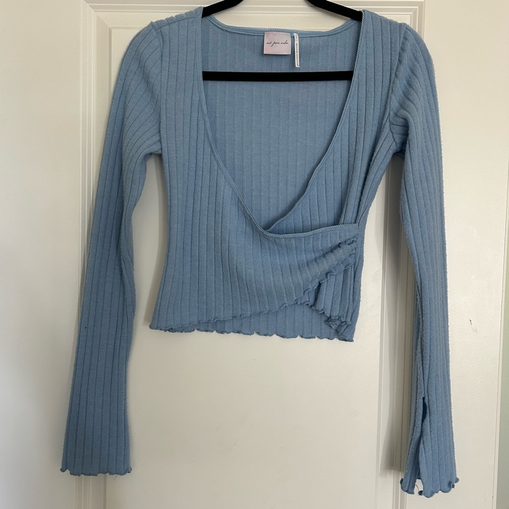 Urban Outfitters Light Blue Ribbed Wrap Blouse